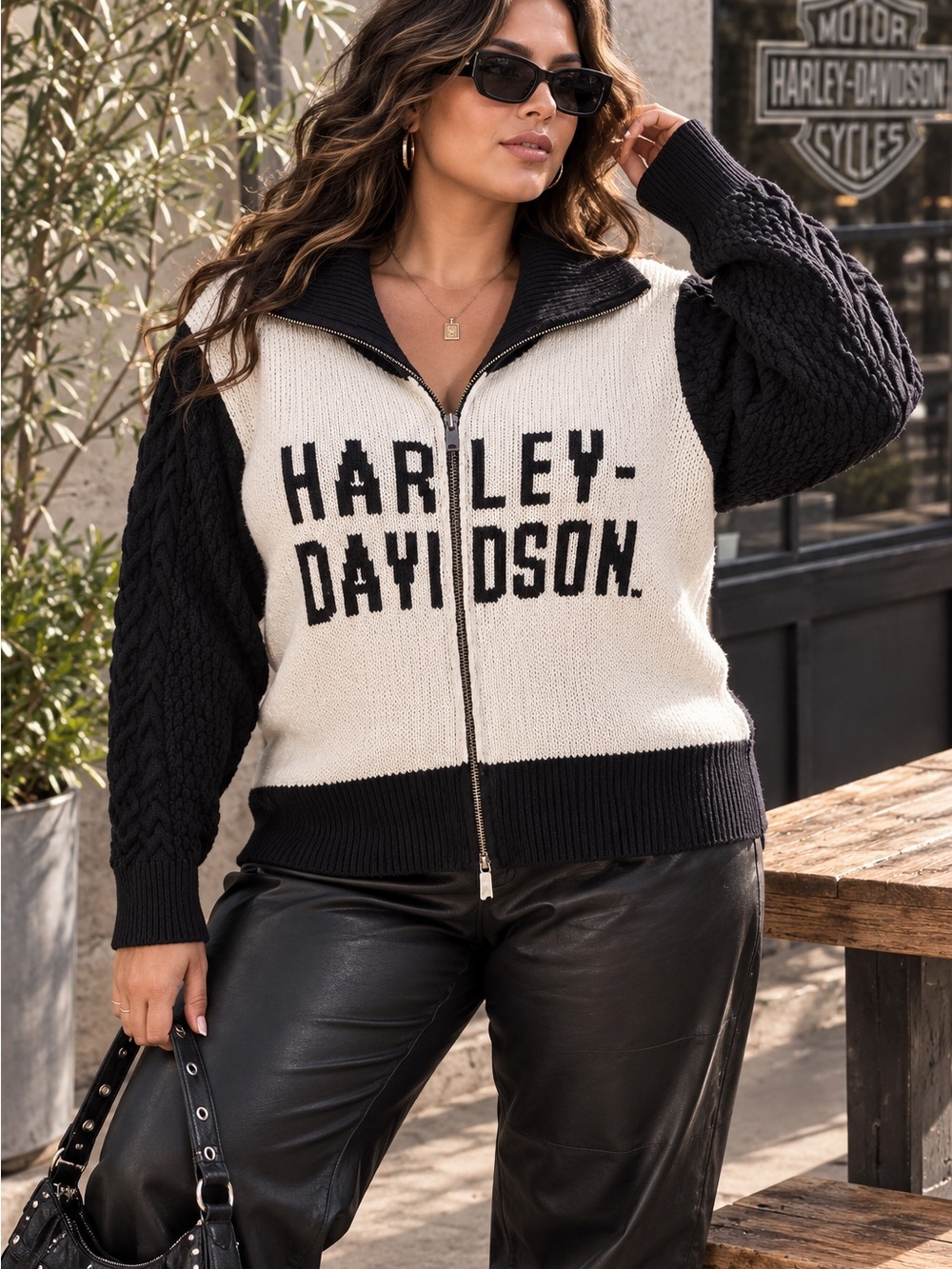 Harley-Davidson Plus Size 2w Moto Full Zip Knit Sweater Cable Knit Bikercore - Picture 1 of 6